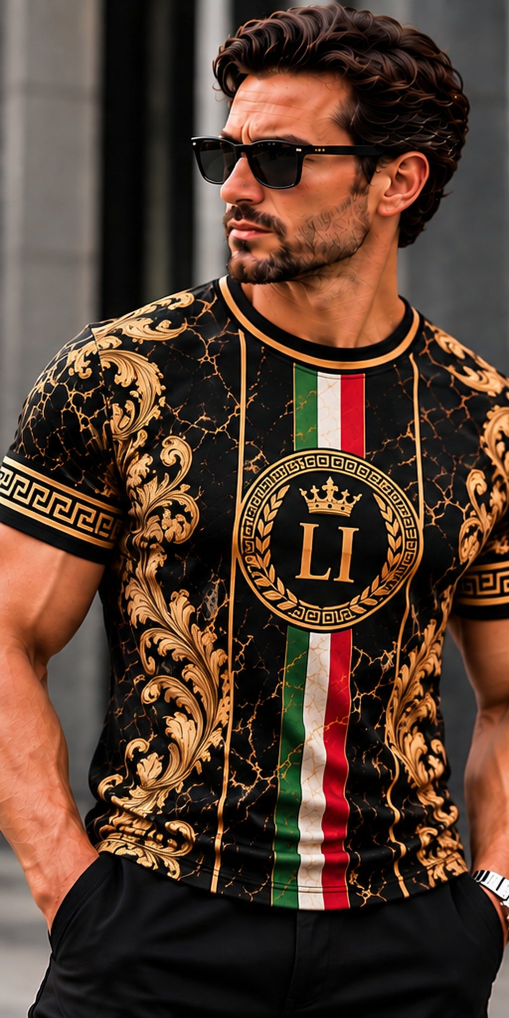 LUSSO ITALIA black gold Greek key T-shirt male front