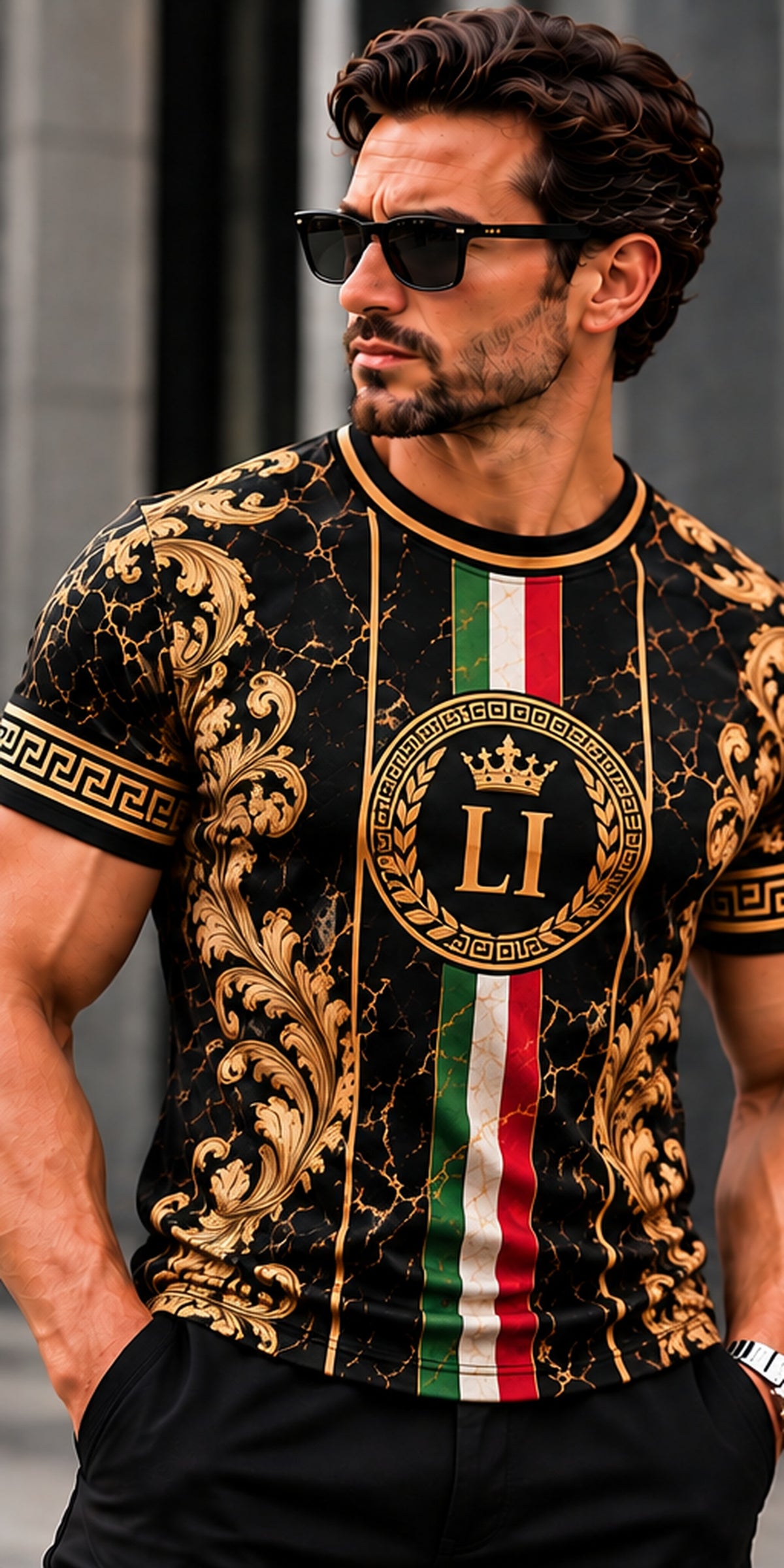 LUSSO ITALIA black gold Greek key T-shirt male front