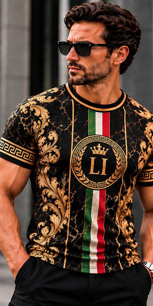 LUSSO ITALIA black gold Greek key T-shirt male front