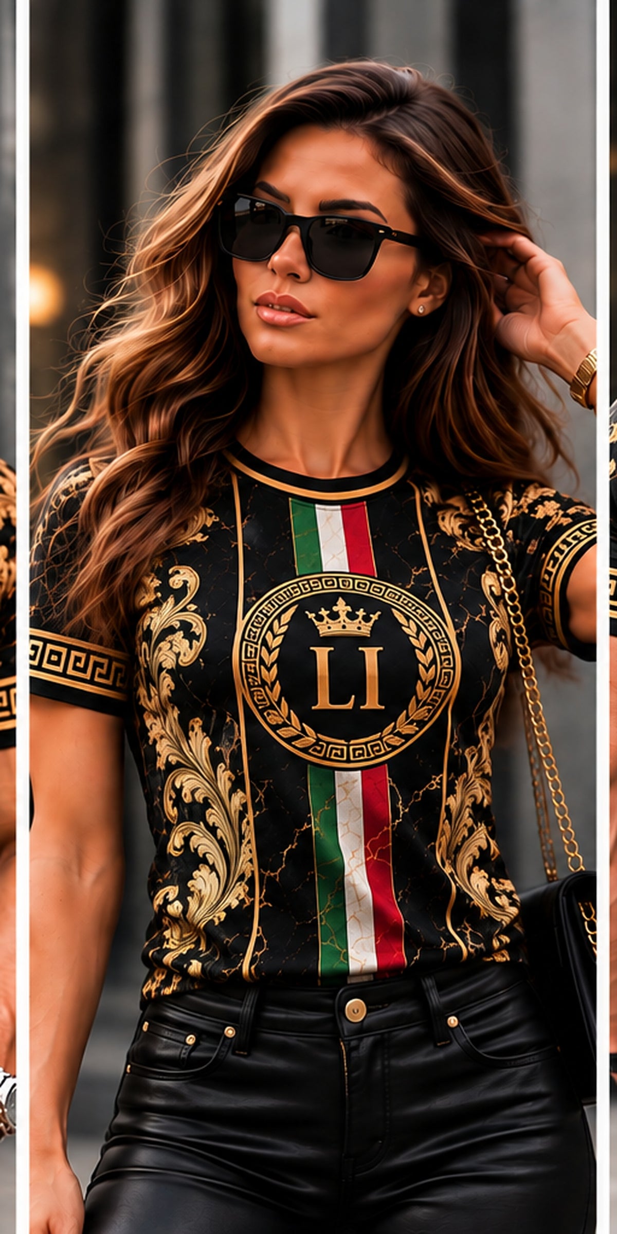 LUSSO ITALIA black gold Greek key T-shirt female front