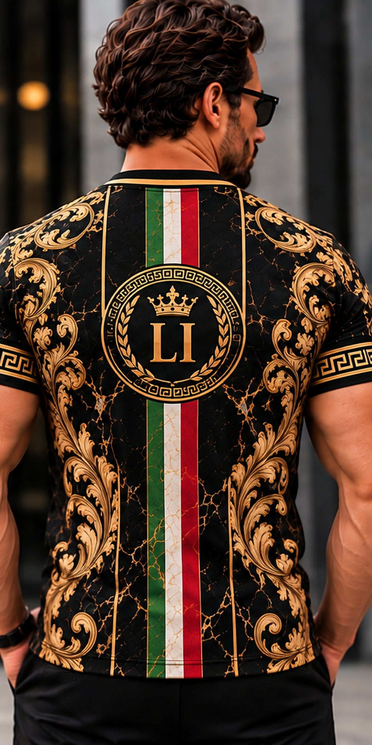 LUSSO ITALIA black gold Greek key T-shirt male back