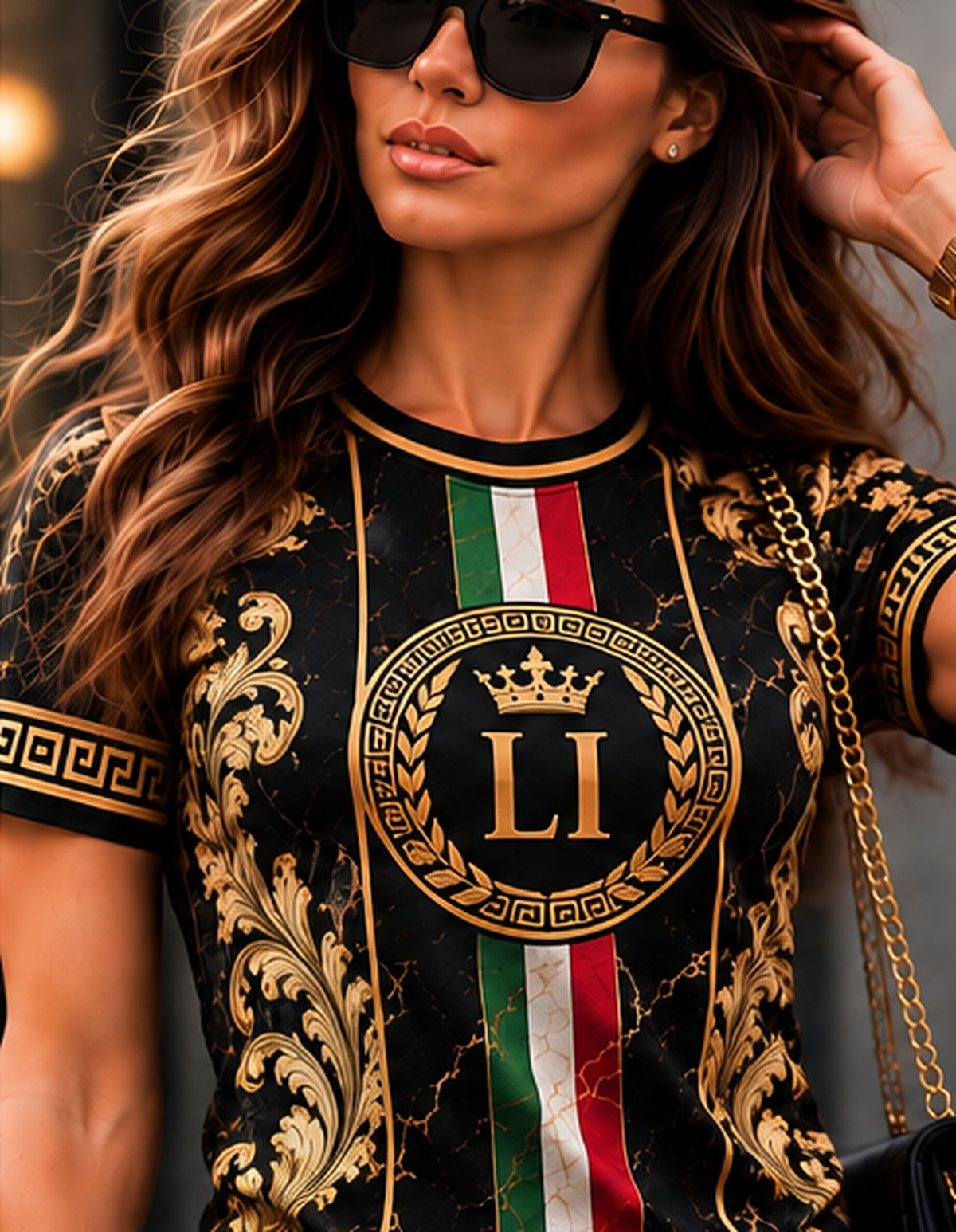 LUSSO ITALIA black gold T-shirt female chest detail