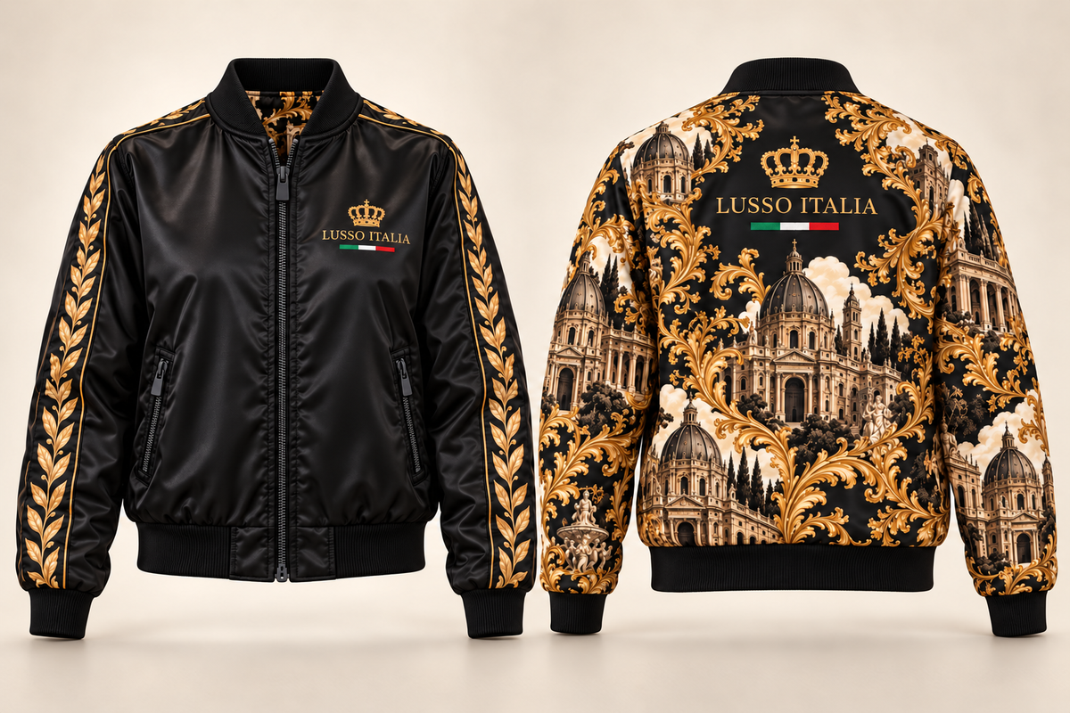 LUSSO ITALIA Women’s Black & Gold Reversible Silk Bomber Jacket