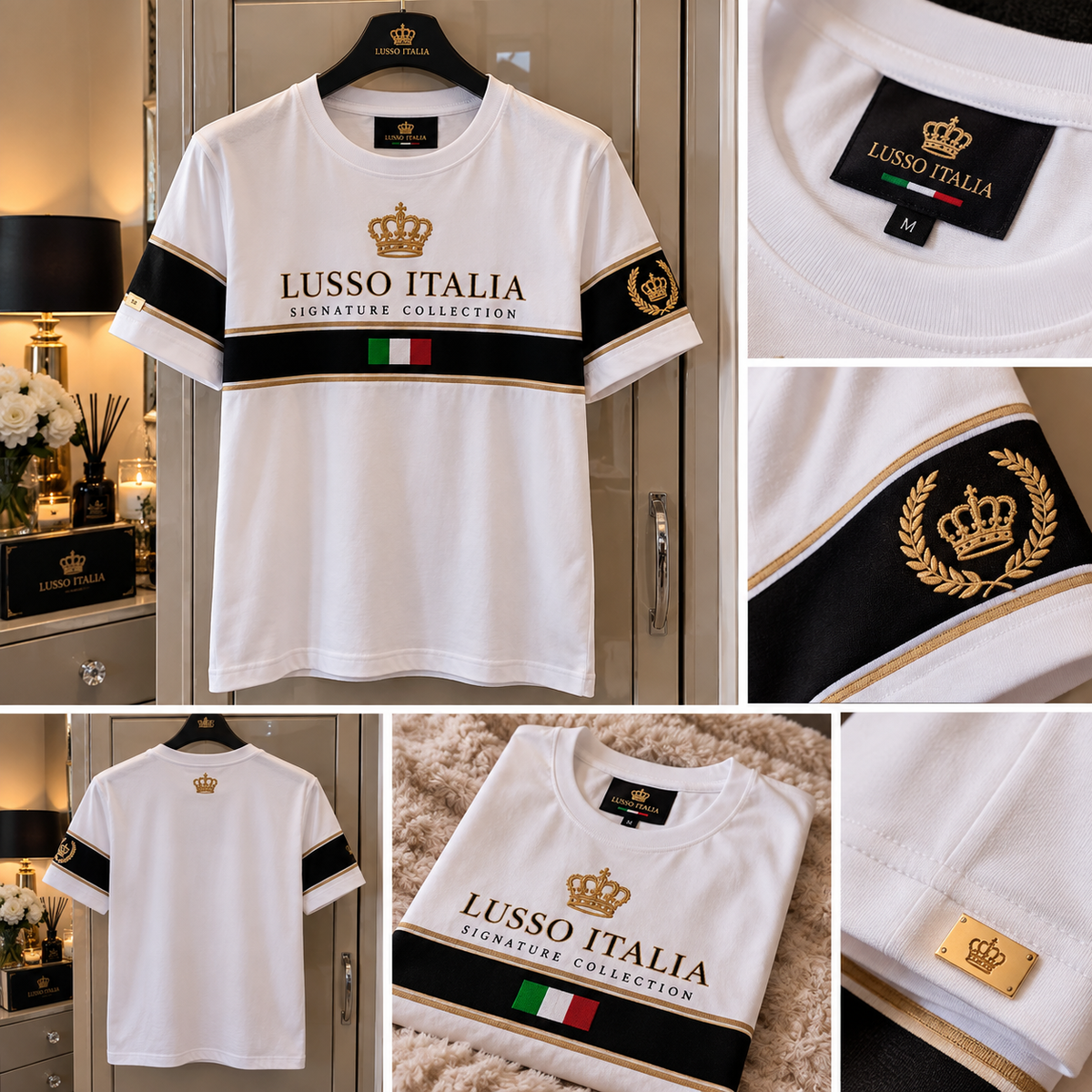 LUSSO ITALIA Signature Collection white heavyweight T-shirt lifestyle display at home