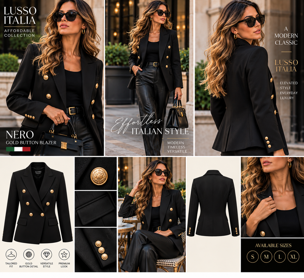 LUSSO ITALIA NERO gold button blazer editorial lookbook collage