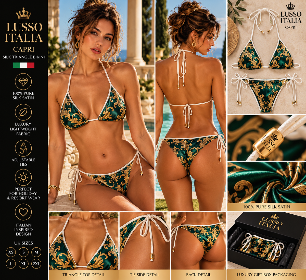 Lusso Italia Capri emerald and gold luxury triangle bikini