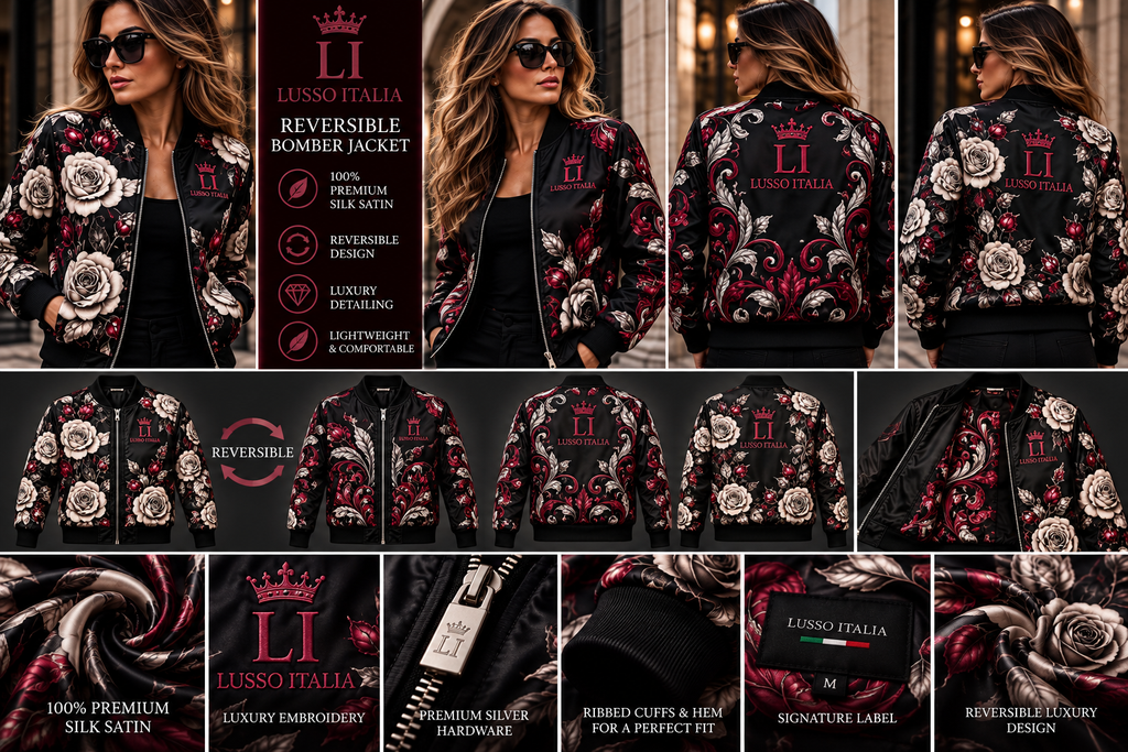 LUSSO ITALIA Black & Ivory Rose reversible bomber — front, back, reversible views and premium silk satin details