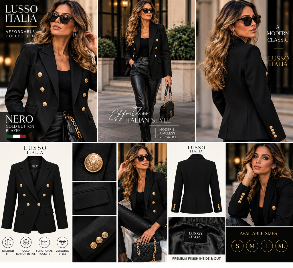 LUSSO ITALIA NERO gold button blazer luxury fashion collage