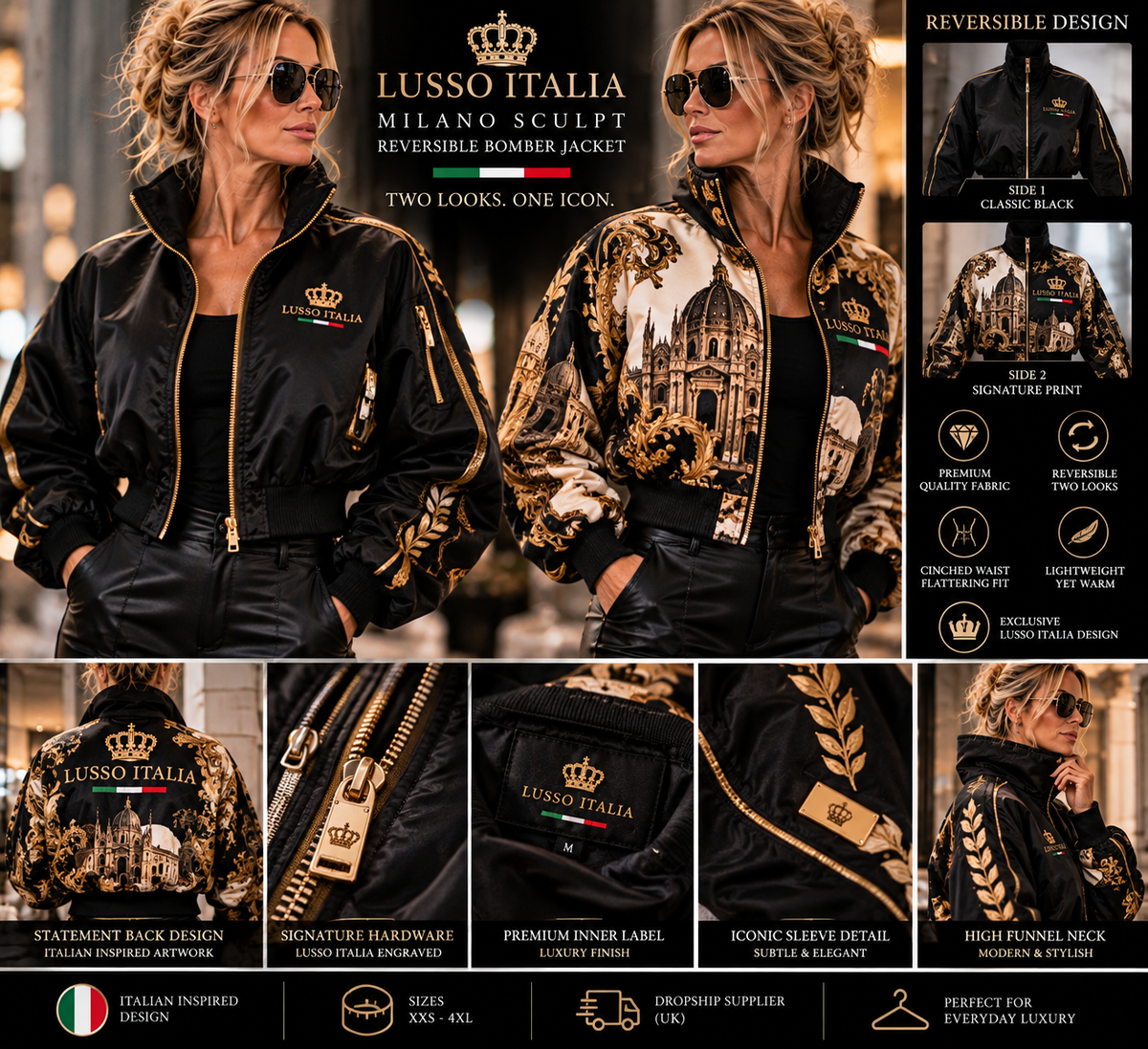 LUSSO ITALIA Milano Sculpt reversible luxury bomber jacket editorial product design