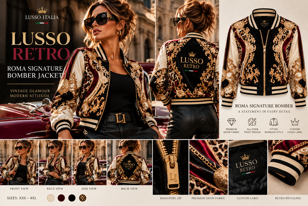 LUSSO RETRO Roma Signature vintage-inspired bomber jacket luxury campaign