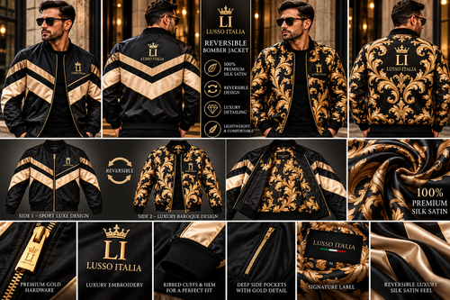 LUSSO ITALIA Sport Luxe reversible bomber — model views, both sides and luxury details