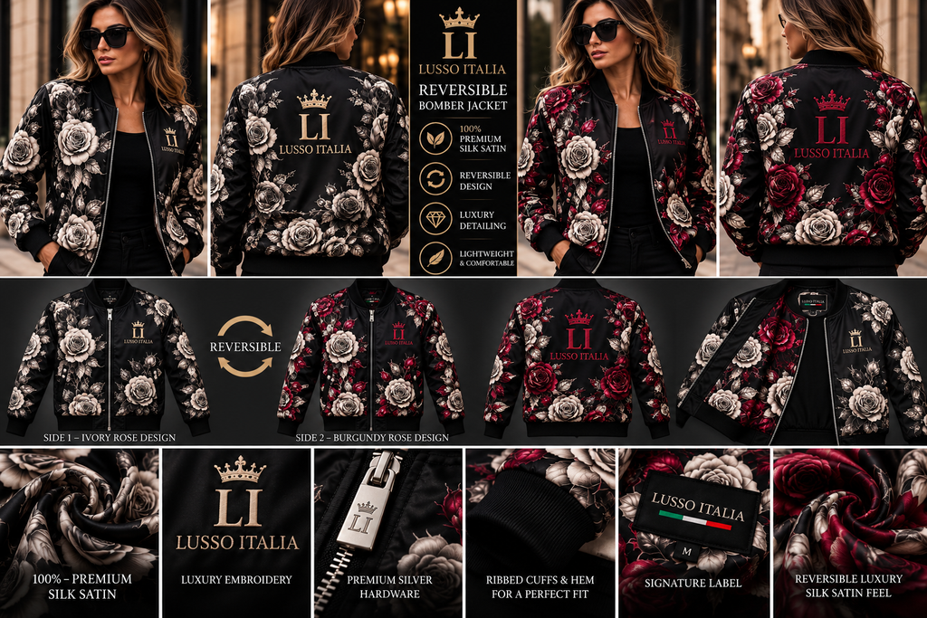 LUSSO ITALIA Black & Ivory Rose reversible bomber — ivory rose and burgundy rose sides, female model and product views