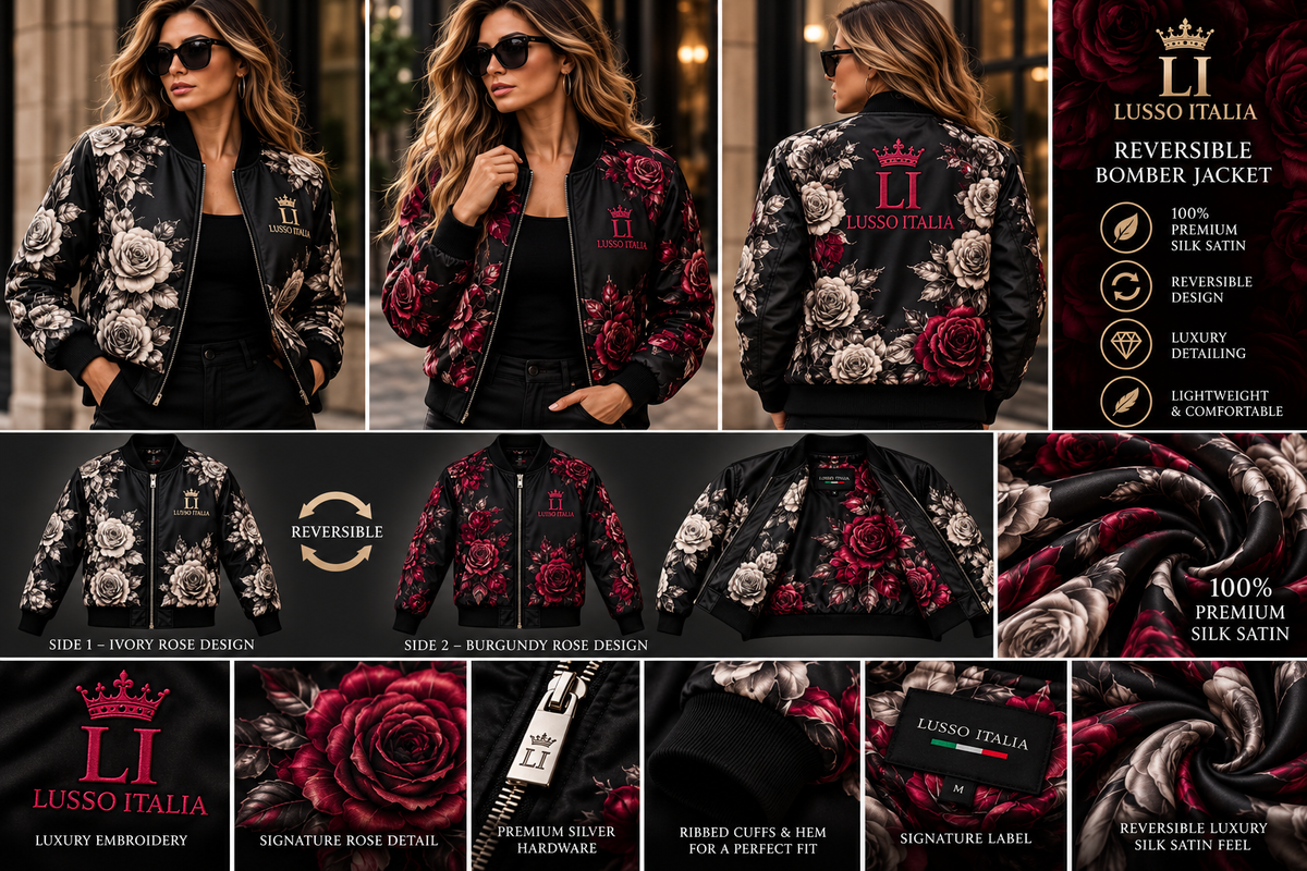 LUSSO ITALIA Black & Ivory Rose reversible bomber — female model, both sides, rose detail and silver hardware