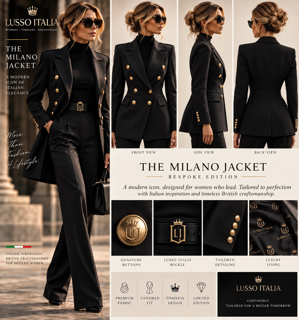 The Milano Jacket — front, side and back editorial