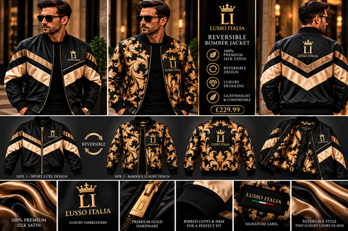 LUSSO ITALIA Sport Luxe reversible bomber — premium satin, both sides, hardware and reversible details