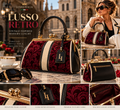 LUSSO RETRO Roma Frame Velvet Luxury Handbag in burgundy, cream and black with gold detailing