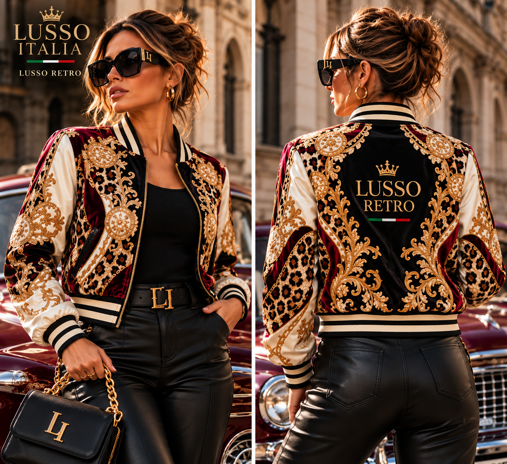 LUSSO RETRO Roma Signature bomber jacket front and back campaign