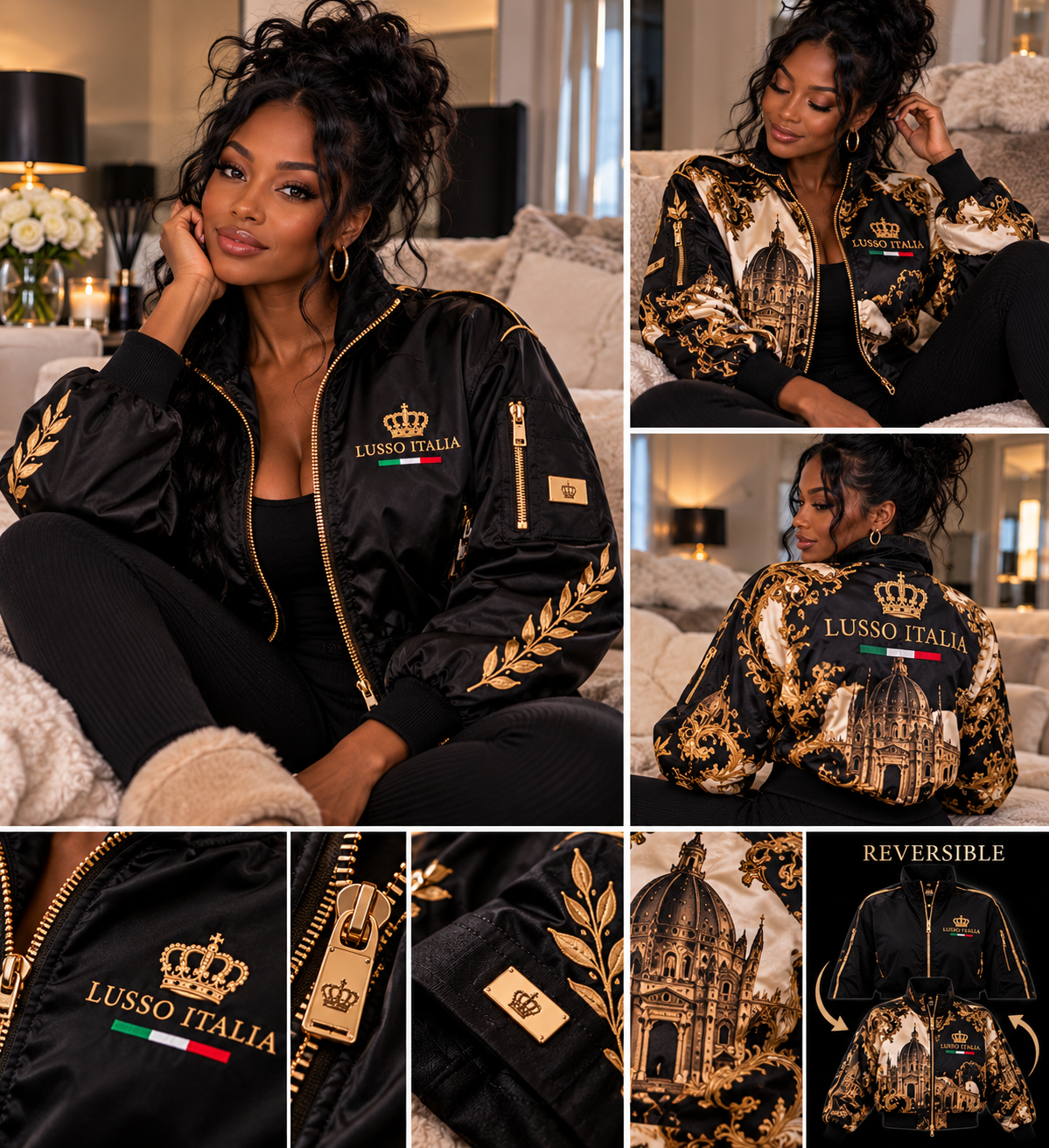 LUSSO ITALIA Milano Sculpt reversible bomber jacket worn by a Black model at home