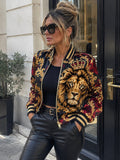 Black burgundy and gold lion reversible luxury silk bomber jacket