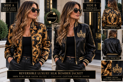 Black and gold reversible pure silk satin bomber jacket showing both sides
