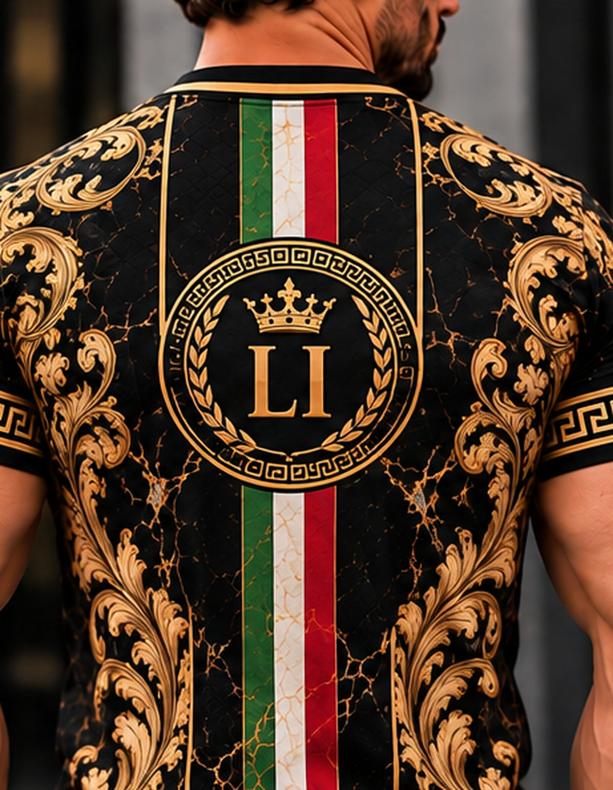 Italian baroque black and gold T-shirt back detail