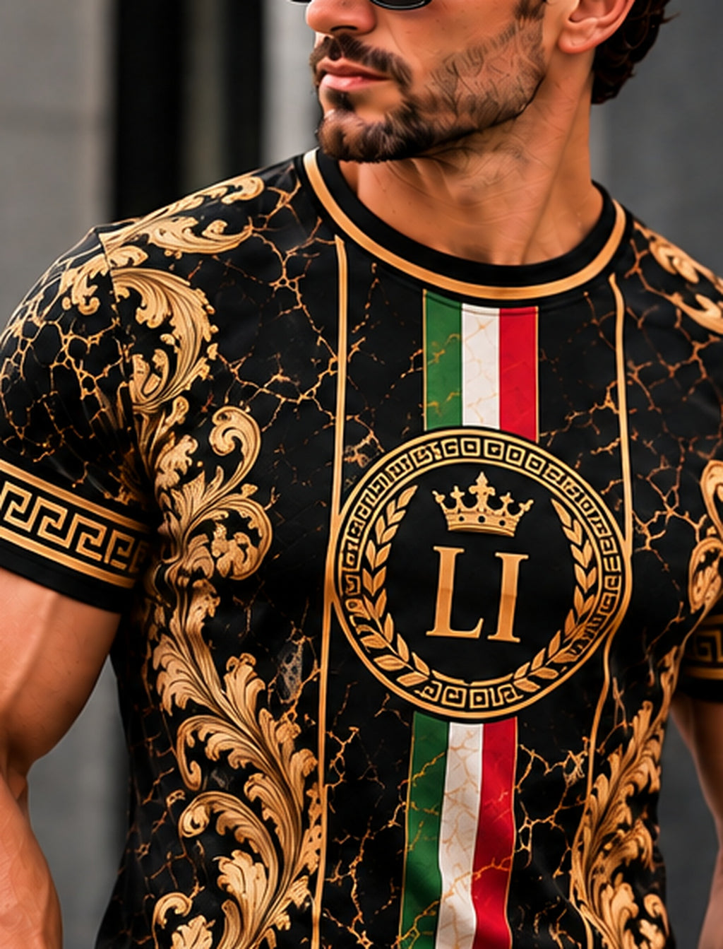 Italian baroque black and gold T-shirt front close-up