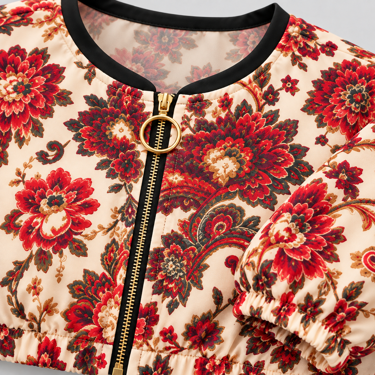 Ivory Rose floral print on H30 cropped chiffon jacket — detail concept mockup