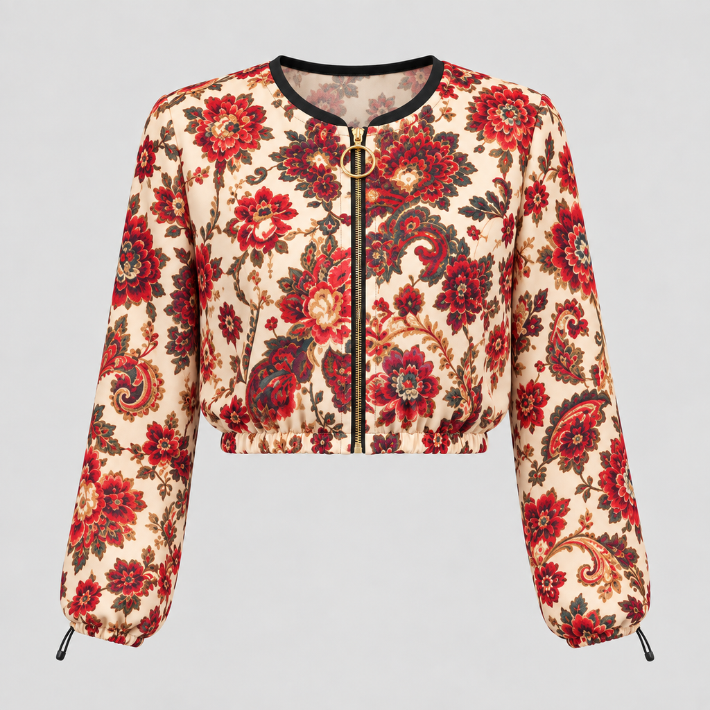 Ivory Rose floral print on H30 cropped chiffon jacket — front concept mockup