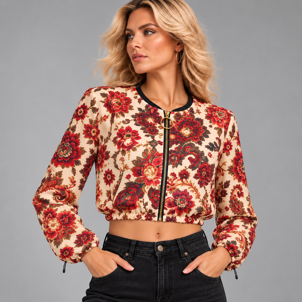 Ivory Rose floral print on H30 cropped chiffon jacket — model concept mockup