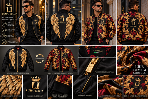 LUSSO ITALIA Angel Wing reversible premium silk satin bomber jacket, male model views, both sides and luxury detail close-ups