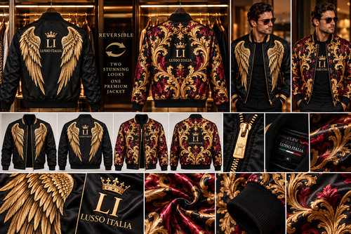 LUSSO ITALIA Black & Gold Angel Wing reversible premium silk satin bomber jacket, showing angel wing side and burgundy gold baroque reverse on male model and wardrobe views