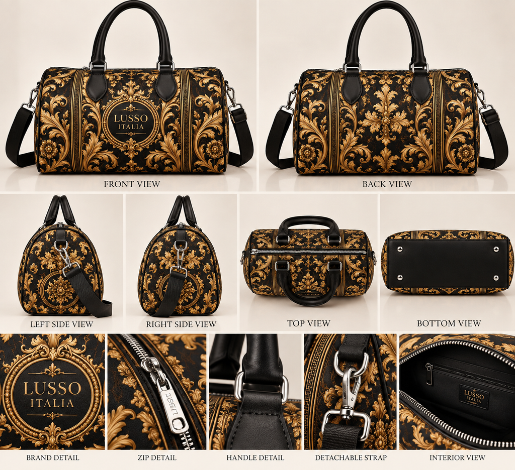 LUSSO ITALIA Black & Gold Baroque Small Duffle Bag — front, back, side, top and bottom views