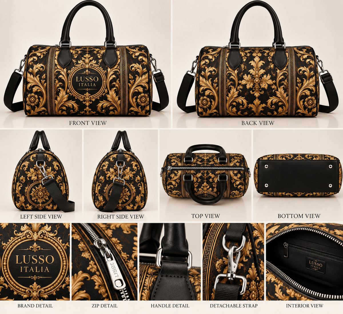 LUSSO ITALIA Black & Gold Baroque Small Duffle Bag — front, back, side, top and bottom views
