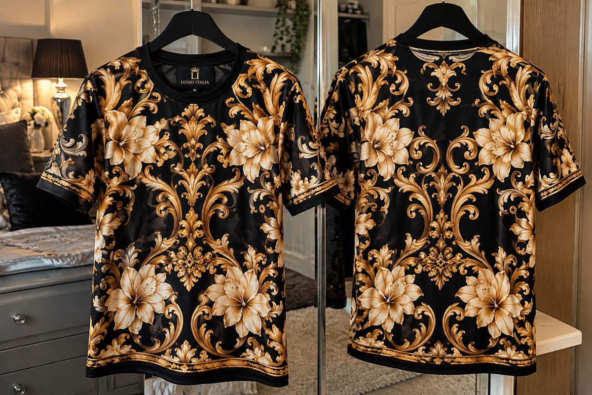 LUSSO ITALIA Black & Gold Floral Baroque T-shirt — front and back views hanging in a warm luxury bedroom wardrobe
