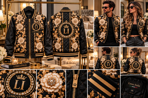 LUSSO ITALIA black and gold floral baroque bomber jacket displayed in a luxury home wardrobe with male and female styling views