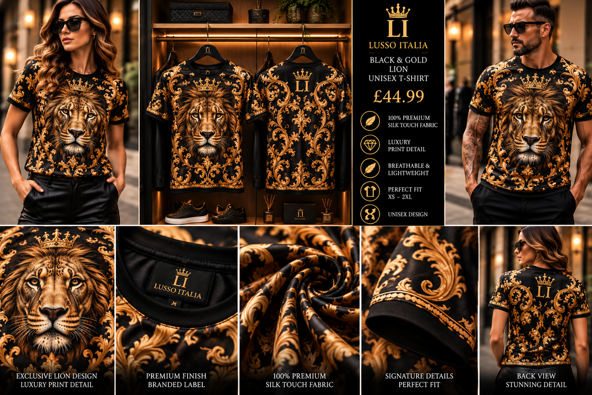 LUSSO ITALIA Black & Gold Lion Unisex T-shirt — front and back views hanging in a luxury bedroom wardrobe, with male and female model views