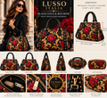 LUSSO ITALIA Black Gold and Red Rose Rivet Shoulder Handbag — accurate Inkedjoy proportions, no bottom feet