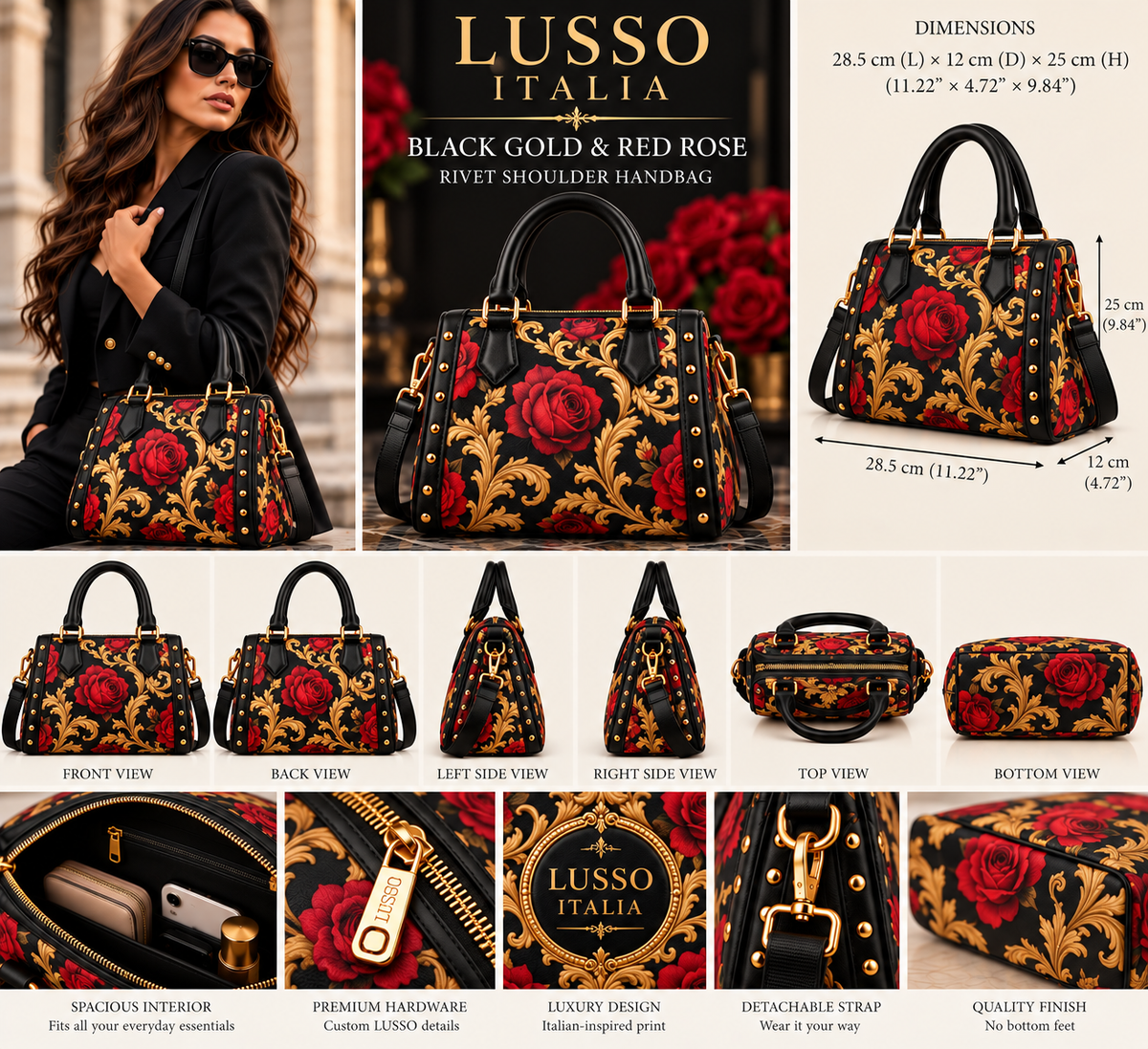 LUSSO ITALIA Black Gold and Red Rose Rivet Shoulder Handbag — accurate Inkedjoy proportions, no bottom feet
