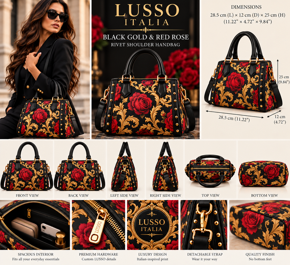 LUSSO ITALIA Black Gold and Red Rose Rivet Shoulder Handbag — accurate Inkedjoy proportions, no bottom feet