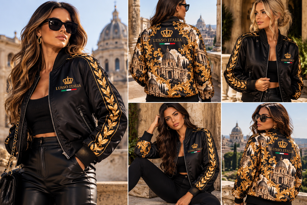 Models wearing the LUSSO ITALIA black and gold reversible bomber jacket