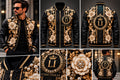 LUSSO ITALIA black gold and cream floral baroque bomber jacket front, back, model and detail views