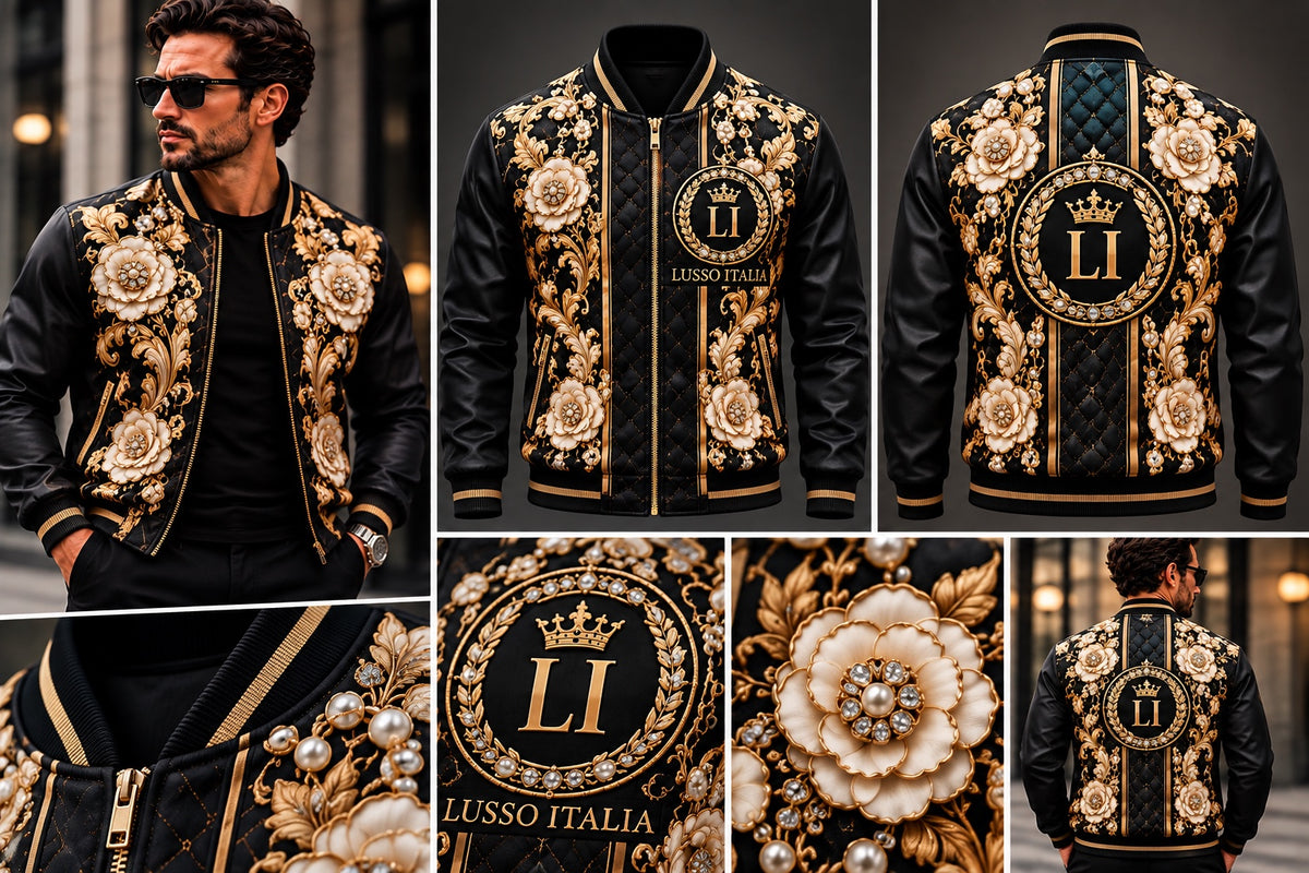 LUSSO ITALIA black gold and cream floral baroque bomber jacket front, back, model and detail views