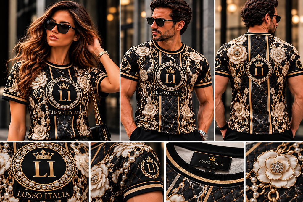 Lusso Italia black gold floral T-shirt lifestyle, front, back and close-up views