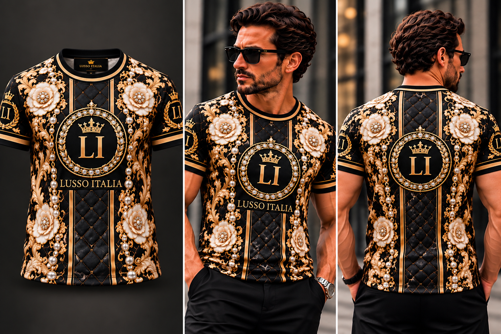 Lusso Italia black gold and cream floral T-shirt front, model and back views
