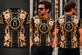 Lusso Italia black gold and cream floral T-shirt front, model and back views