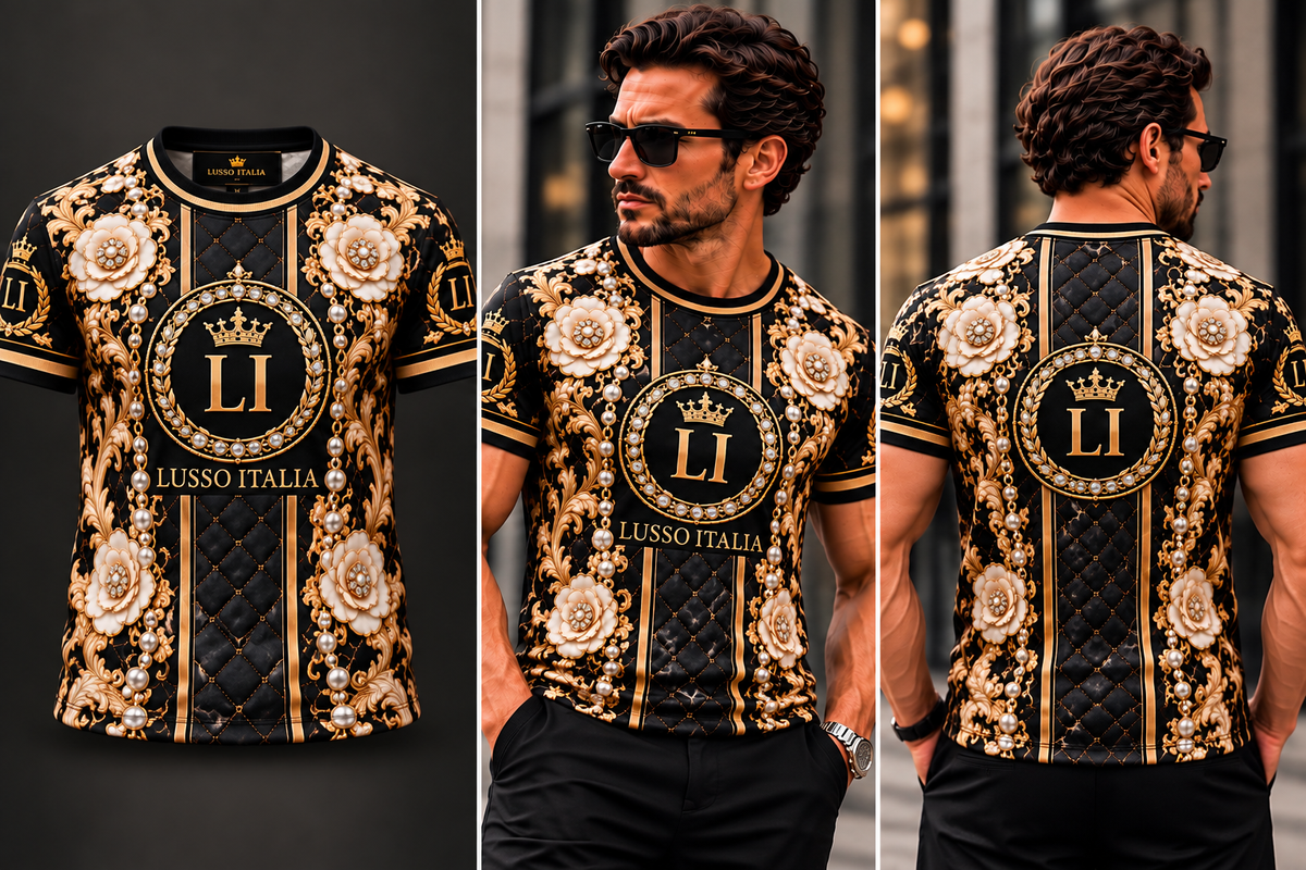 Lusso Italia black gold and cream floral T-shirt front, model and back views