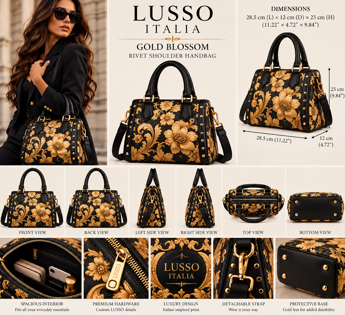 LUSSO ITALIA Gold Blossom Rivet Shoulder Handbag — accurate Inkedjoy proportions and multiple views