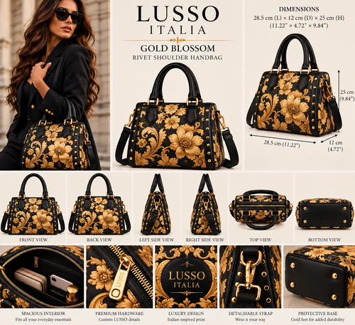 LUSSO ITALIA Gold Blossom Rivet Shoulder Handbag — accurate Inkedjoy proportions and multiple views
