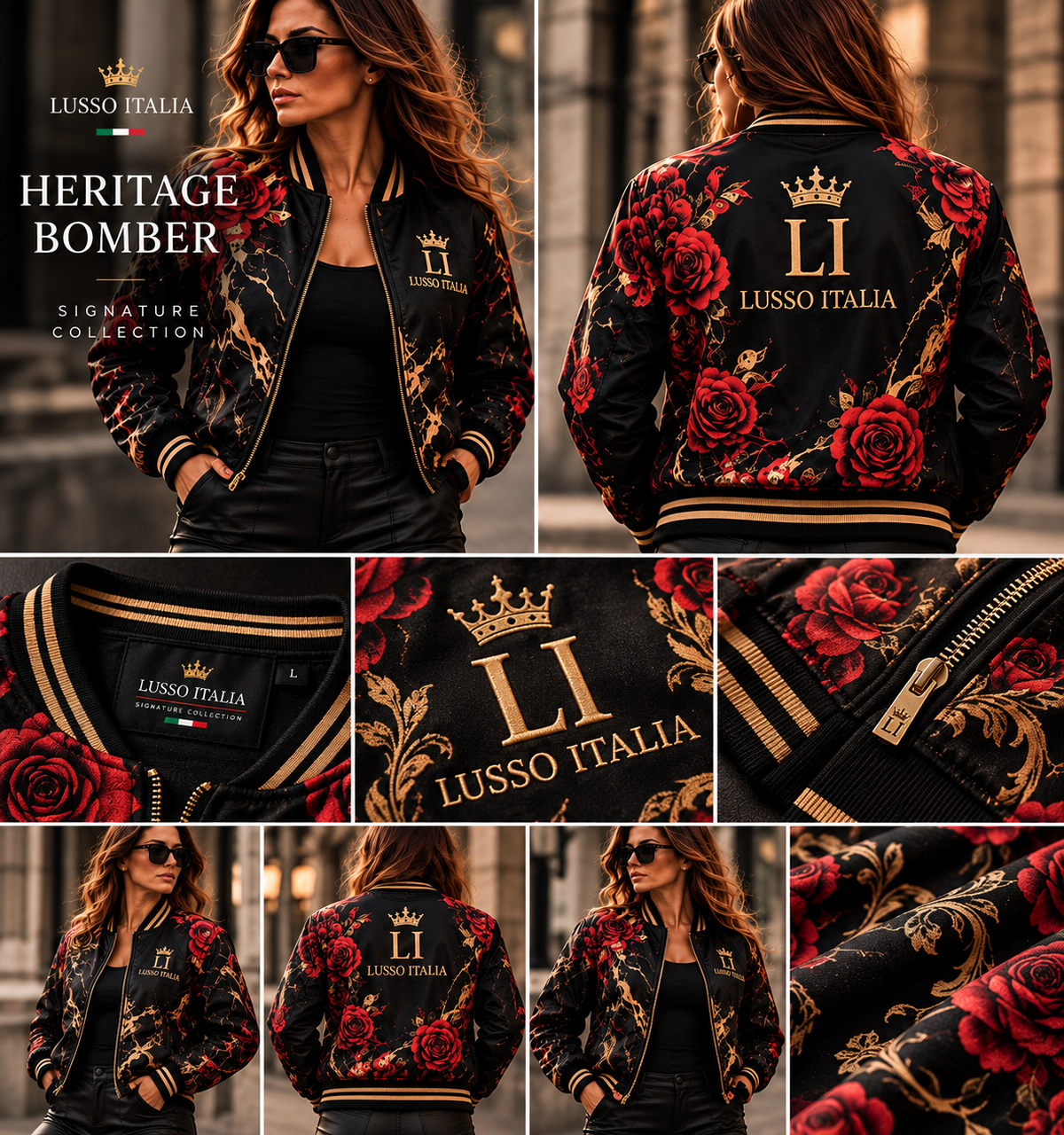 LUSSO ITALIA Heritage Bomber Jacket front, back and luxury detail views
