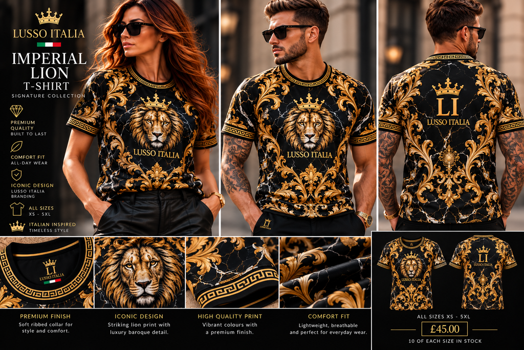 LUSSO ITALIA Imperial Lion unisex T-shirt front, back and detail views